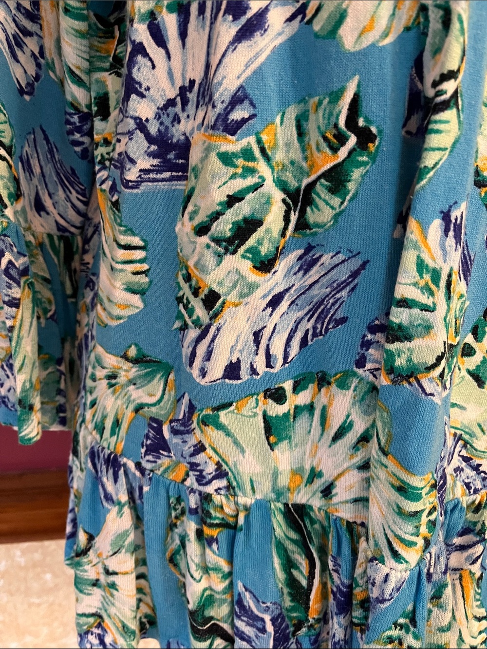 Chico's Turquoise Shell-Print Ruffle Open Front Cardigan - Picture 3 of 5